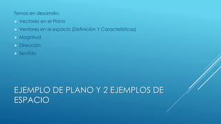 EJEMPLO DE PLANO Y 2 EJEMPLOS DE
ESPACIO
Temas en desarrollo:
 Vectores en el Plano
 Ventores en el espacio (Definición Y Características)
 Magnitud
 Dirección
 Sentido
 