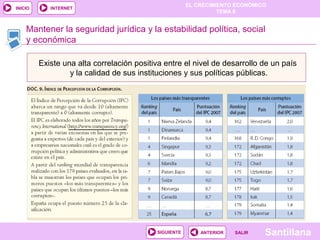 EL CRECIMIENTO ECONÓMICO
TEMA 8
SantillanaSALIRSALIRANTERIORSIGUIENTE
INICIO INTERNET
Existe una alta correlación positiva entre el nivel de desarrollo de un país
y la calidad de sus instituciones y sus políticas públicas.
Mantener la seguridad jurídica y la estabilidad política, social
y económica
 