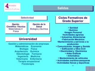 Salidas    Sanidad Quí mi c a I magen   P ersonal Actividades agrarias    Industrias Alimentarias Fabr icación  Me cá ni c a Mantenimiento y servicios a la producción    Comunicación ,  Imagen y Sonido    E dificación y Obra Civil    Ele c tri c i dad y  E le c tr ó n ica    Artes Gráficas    Inform á ti c a    Mantenimiento de vehículos Actividades marítimo-pesqueras Actividades físicas y deportivas ... Ciclos Formativos de Grado Superior Sele ctividad Opción  Científico -Técnica Matem á ti cas  II   F í si c a Opción de la Salud Biolog í a  y   Quí mi c a Gestión y admini stra ción de empresas Matem á ti cas   E c onomía Biología   Física Ar qui te c tura   Quí mi c a   Odontolog ía  Farma c ia In geniería  Medi cin a Veterinaria  E nfermería Terapia ocupacional F isioterapia  Universidad 