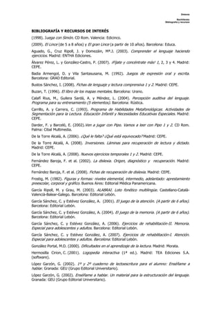 Dislexia
Bachillerato
Bibliografía y recursos
BIBLIOGRAFÍA Y RECURSOS DE INTERÉS
(1998). Juega con Simón. CD Rom. Valencia: Edicinco.
(2009). El Lince (de 5 a 8 años) y El gran Lince (a partir de 10 años). Barcelona: Educa.
Aguado, G., Cruz Ripoll, J. y Domezáin, Mª.J. (2003). Comprender el lenguaje haciendo
ejercicios. Madrid: ENTHA Ediciones.
Álvarez Pérez, L. y González-Castro, P. (2007). ¡Fíjate y concéntrate más! 1, 2, 3 y 4. Madrid:
CEPE.
Badia Armengol, D. y Vila Santasusana, M. (1992). Juegos de expresión oral y escrita.
Barcelona: GRAO Editorial.
Bustos Sánchez, I. (2008). Fichas de lenguaje y lectura comprensiva 1 y 2. Madrid: CEPE.
Buzan, T. (1996). El libro de los mapas mentales. Barcelona: Urano.
Calafí Rius, M., Guilera Sardá, A. y Méndez, L. (2004). Percepción auditiva del lenguaje.
Programa para su entrenamiento (5 elementos). Barcelona: Rústica.
Carrillo, A. y Carrera, C. (1993). Programa de Habilidades Metafonológicas: Actividades de
Segmentación para la Lectura. Educación Infantil y Necesidades Educativas Especiales. Madrid:
CEPE.
Darder, F. y Barceló, E. (2002).Ven a jugar con Pipo. Vamos a leer con Pipo 1 y 2. CD Rom.
Palma: Cibal Multimedia.
De la Torre Alcalá, A. (2006). ¿Qué le falta? ¿Qué está equivocado? Madrid: CEPE.
De la Torre Alcalá, A. (2008). Inversiones. Láminas para recuperación de lectura y dictado.
Madrid: CEPE.
De la Torre Alcalá, A. (2008). Nuevos ejercicios temporales 1 y 2. Madrid: CEPE.
Fernández Baroja, F. et al. (2002). La dislexia. Origen, diagnóstico y recuperación. Madrid:
CEPE.
Fernández Baroja, F. et al. (2008). Fichas de recuperación de dislexia. Madrid: CEPE.
Frostig, M. (1982). Figuras y formas: niveles elemental, intermedio, adelantado: aprestamiento
preescolar, corporal y gráfico. Buenos Aires: Editorial Médica Panamericana.
García Ripoll, M. y Grau, M. (2003). ALABRAI. Loto fonético multilingüe. Castellano-Català-
Valencià-Balear-Galego. Barcelona: Editorial Lebón.
García Sánchez, C. y Estévez González, A. (2001). El juego de la atención. (A partir de 6 años).
Barcelona: Editorial Lebón.
García Sánchez, C. y Estévez González, A. (2004). El juego de la memoria. (A partir de 6 años).
Barcelona: Editorial Lebón.
García Sánchez, C. y Estévez González, A. (2006). Ejercicios de rehabilitación-II. Memoria.
Especial para adolescentes y adultos. Barcelona: Editorial Lebón.
García Sánchez, C. y Estévez González, A. (2007). Ejercicios de rehabilitación-I. Atención.
Especial para adolescentes y adultos. Barcelona: Editorial Lebón.
González Portal, M.D. (2000). Dificultades en el aprendizaje de la lectura. Madrid: Morata.
Hermosilla Cirion, C. (2001). Logopedia interactiva (1ª ed.). Madrid: TEA Ediciones S.A.
(software).
López Garzón, G. (2002). 1º y 2º cuaderno de lectoescritura para el alumno: Enséñame a
hablar. Granada: GEU (Grupo Editorial Universitario).
López Garzón, G. (2002). Enséñame a hablar. Un material para la estructuración del lenguaje.
Granada: GEU (Grupo Editorial Universitario).
 
