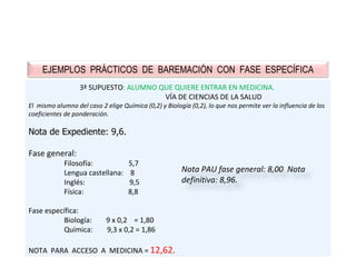 3ª SUPUESTO : ALUMNO QUE QUIERE ENTRAR EN MEDICINA.  VÍA DE CIENCIAS DE LA SALUD El  mismo alumno del caso 2 elige Química (0,2) y Biología (0,2), lo que nos permite ver la influencia de los coeficientes de ponderación. Nota de Expediente: 9,6. Fase general: Filosofía:  5,7 Lengua castellana:  8 Inglés:  9,5 Física:  8,8 Fase específica: Biología:  9 x 0,2  = 1,80  Química:  9,3 x 0,2 = 1,86 NOTA  PARA  ACCESO  A  MEDICINA =  12,62. EJEMPLOS  PRÁCTICOS  DE  BAREMACIÓN  CON  FASE  ESPECÍFICA Nota PAU fase general: 8,00  Nota definitiva: 8,96.  