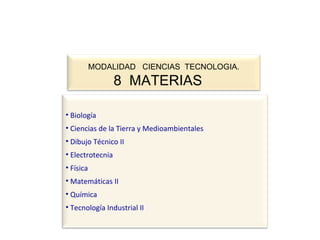 MODALIDAD  CIENCIAS  TECNOLOGIA. 8  MATERIAS  Biología Ciencias de la Tierra y Medioambientales Dibujo Técnico II Electrotecnia Física Matemáticas II Química Tecnología Industrial II 