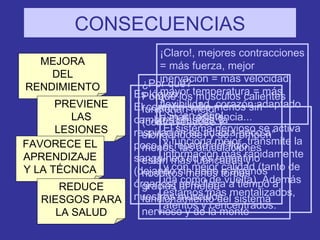 CONSECUENCIAS MEJORA DEL RENDIMIENTO PREVIENE LAS LESIONES FAVORECE EL APRENDIZAJE Y LA TÉCNICA REDUCE RIESGOS PARA LA SALUD ¡Claro!, mejores contracciones = más fuerza, mejor inervación = más velocidad, mayor temperatura = más flexibilidad, corazón adaptado = más resistencia... ¿Por qué? Porque los músculos calientes funcionan mejor (contrayéndose y elongándose) y se “rompen” menos, las articulaciones están más lubricadas y nosotros menos torpes gracias al mejor funcionamiento del sistema nervioso y de la mente ¡Sí, en serio! El sistema nervioso se activa y funciona mejor, transmite la información más rápidamente y con mejor calidad (tanto de ida como de vuelta). Además estamos más mentalizados, atentos y cencentrados.  Es lógico: El corazón sufre menos sin cambios bruscos, la respiración se adapta poco a poco, el reparto del flujo sanguíneo no es repentino (dejando sin riego a algunos órganos) pero llega a tiempo a nuestros músculos... 