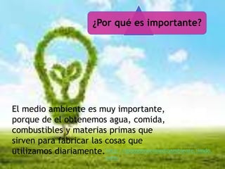 ¿Por qué es importante?
El medio ambiente es muy importante,
porque de el obtenemos agua, comida,
combustibles y materias primas que
sirven para fabricar las cosas que
utilizamos diariamente.http://todosobreelmedioambiente.jimdo.
com/
 