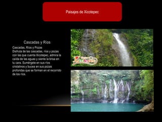 Cascadas y Ríos
Cascadas, Ríos y Pozas
Disfruta de las cascadas, ríos y pozas
con las que cuenta Xicotepec, admira la
caída de las aguas y siente la brisa en
tu cara. Sumérgete en sus ríos
cristalinos y bucea en sus pozas
profundas que se forman en el recorrido
de los ríos.
Paisajes de Xicotepec
 