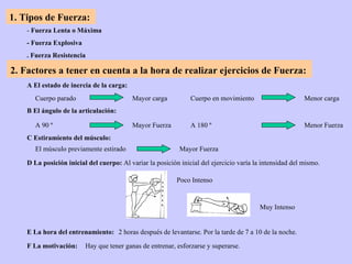 1. Tipos de Fuerza: -  Fuerza Lenta o Máxima - Fuerza Explosiva . Fuerza Resistencia 2. Factores a tener en cuenta a la hora de realizar ejercicios de Fuerza:   A El estado de inercia de la carga: Cuerpo parado  Mayor carga  Cuerpo en movimiento Menor carga  B El ángulo de la articulación: A 90 º  Mayor Fuerza  A 180 º Menor Fuerza  C Estiramiento del músculo: El músculo previamente estirado Mayor Fuerza  D La posición inicial del cuerpo:  Al variar la posición inicial del ejercicio varía la intensidad del mismo. Poco Intenso Muy Intenso E La hora del entrenamiento: 2 horas después de levantarse. Por la tarde de 7 a 10 de la noche. F La motivación: Hay que tener ganas de entrenar, esforzarse y superarse. 