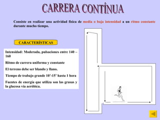 CARRERA CONTÍNUA Consiste en realizar una actividad física de  media o baja intensidad  a un  ritmo constante  durante mucho tiempo. CARACTERÍSTICAS Intensidad: Moderada, pulsaciones entre 140 – 160 Ritmo de carrera uniforma y constante El terreno debe ser blando y llano. Tiempo de trabajo grande 10’-15’ hasta 1 hora Fuentes de energía que utiliza son las grasas y la glucosa vía aeróbica. 