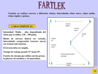 FARTLEK Consiste en realizar carrera a diferentes ritmos, intercalando ritmo suave, ritmo medio, ritmo rápido y sprines. CARACTERÍSTICAS Intensidad: Media – alta, dependiendo del ritmo que se utilice, 130 – 180 pulsa. Ritmo de carrera deberá ser variado, intercalando recuperación (carrera sueva) con tramos más intensos. El terreno debe ser amplio. Tiempo de trabajo grande 15’ hasta 45’. Fuentes de energía que utiliza son las grasas,  la glucosa vía aeróbica y vía anaeróbica. Carrera lateral cada 3 zancadas Carrera rápida Carrera suave Carrera rápida Carrera suave Andando Andando 