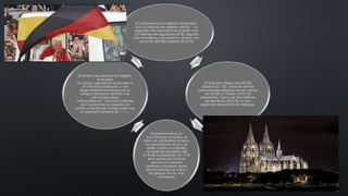 El cristianismo es la religión mayoritaria,
con 53 millones de adeptos (64 %).60 La
segunda más extendida es el islam, con
3,3 millones de seguidores (4 %), seguido
por el budismo y el judaísmo, ambos con
cerca de 200.000 adeptos (0,25 %).
El hinduismo tiene unos 90.000
adeptos (0,1 %). Todas las demás
comunidades religiosas tienen menos
de 50.000 (o inferior a 0,05 %)
adherentes. Cerca de 24,4 millones
de alemanes (29,6 %) no han
registrado denominación religiosa.
El protestantismo se
concentra en el norte y el
este y el catolicismo romano
se concentra en el sur y el
oeste. Cada una de ellas
comprende alrededor del
31 % de la población; el 1,7 %
de la población total se
declara a sí mismos
cristianos ortodoxos, entre
ellos los serbios, los rusos y
los griegos son los más
numerosos.
El número de personas sin religión,
entre ellas
los ateos y agnósticos ascienden a
29,6 % de la población, y son
especialmente numerosos en la
antigua Alemania del Este y las
principales áreas
metropolitanas.62 De los 3,3 millones
de musulmanes la mayoría son
sunitas y alevitas de Turquía, pero hay
un pequeño número de chiitas.
 