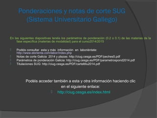Ponderaciones y notas de corte SUG 
(Sistema Universitario Gallego) 
En las siguientes diapositivas tenéis los parámetros de ponderación (0.2 o 0.1) de las materias de la 
fase específica (materias de modalidad) para el curso2014/2015 
 Podéis consultar esta y más información en laboriéntate: 
http://www.elorienta.com/labor/index.php 
 Notas de corte Galicia 2014 y plazas: http://ciug.cesga.es/PDF/peches5.pdf 
 Parámetros de ponderación Galicia: http://ciug.cesga.es/PDF/parametrospond2014.pdf 
 Titulaciones SUG: http://ciug.cesga.es/PDF/carteltitu2014.pdf 
Podéis acceder también a esta y otra información haciendo clic 
en el siguiente enlace: 
 http://ciug.cesga.es/index.html 
 