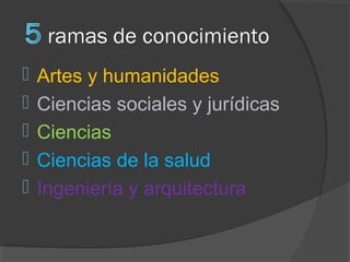  Artes y humanidades 
 Ciencias sociales y jurídicas 
 Ciencias 
 Ciencias de la salud 
 Ingeniería y arquitectura 
 