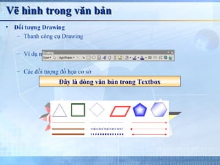 Vẽ hình trong văn bản
•   Đối tượng Drawing
     – Thanh công cụ Drawing

    – Ví dụ minh họa

    – Các đối tượng đồ họa cơ sở
                   Đây là dòng văn bản trong Textbox




                                                  
 