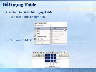 Đối tượng Table
• Các thao tác trên đối tượng Table
   – Tạo mới Table từ thực đơn




   – Tạo mới Table từ thanh công cụ
 