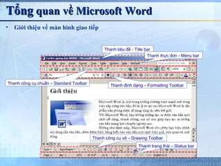 Tổng quan về Microsoft Word
•   Giới thiệu về màn hình giao tiếp


                                              Thanh tiêu đề - Title bar
                                                                     Thanh thực đơn - Menu bar




Thanh công cụ chuẩn – Standard Toolbar           Thanh định dạng – Formatting Toolbar




                                         Thanh công cụ vẽ – Drawing Toolbar
                                                               Thanh trạng thái – Status bar
 