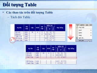 Đối tượng Table
• Các thao tác trên đối tượng Table
   – Tách đôi Table
 