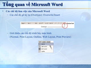 Tổng quan về Microsoft Word
•   Các chế độ làm việc của Microsoft Word
     – Các chế độ gõ ký tự (Overtype): Overwrite/Insert




     – Giới thiệu các chế độ trình bày màn hình:
       (Normal, Print Layout, Outline, Web Layout, Print Preview)
 
