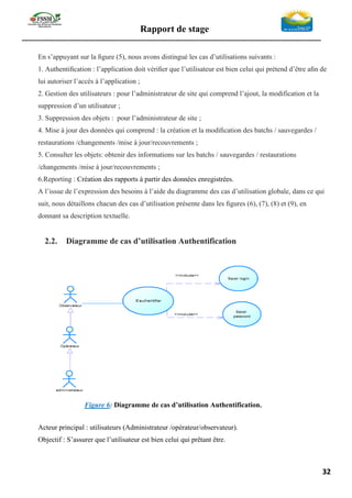 Rapport de stage
-----------------------------------------------------------------------------------------------------------------
32
En s’appuyant sur la ﬁgure (5), nous avons distingué les cas d’utilisations suivants :
1. Authentiﬁcation : l’application doit vériﬁer que l’utilisateur est bien celui qui prétend d’être aﬁn de
lui autoriser l’accès à l’application ;
2. Gestion des utilisateurs : pour l’administrateur de site qui comprend l’ajout, la modification et la
suppression d’un utilisateur ;
3. Suppression des objets : pour l’administrateur de site ;
4. Mise à jour des données qui comprend : la création et la modiﬁcation des batchs / sauvegardes /
restaurations /changements /mise à jour/recouvrements ;
5. Consulter les objets: obtenir des informations sur les batchs / sauvegardes / restaurations
/changements /mise à jour/recouvrements ;
6.Reporting : Création des rapports à partir des données enregistrées.
A l’issue de l’expression des besoins à l’aide du diagramme des cas d’utilisation globale, dans ce qui
suit, nous détaillons chacun des cas d’utilisation présente dans les ﬁgures (6), (7), (8) et (9), en
donnant sa description textuelle.
2.2. Diagramme de cas d’utilisation Authentification
Figure 6: Diagramme de cas d’utilisation Authentification.
Acteur principal : utilisateurs (Administrateur /opérateur/observateur).
Objectif : S’assurer que l’utilisateur est bien celui qui prêtant être.
 