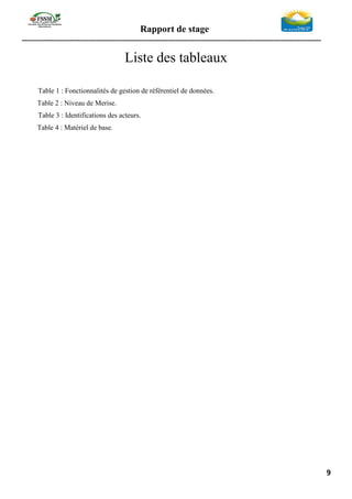 Rapport de stage
-----------------------------------------------------------------------------------------------------------------
9
Liste des tableaux
Table 1 : Fonctionnalités de gestion de référentiel de données.
Table 2 : Niveau de Merise.
Table 3 : Identifications des acteurs.
Table 4 : Matériel de base.
 