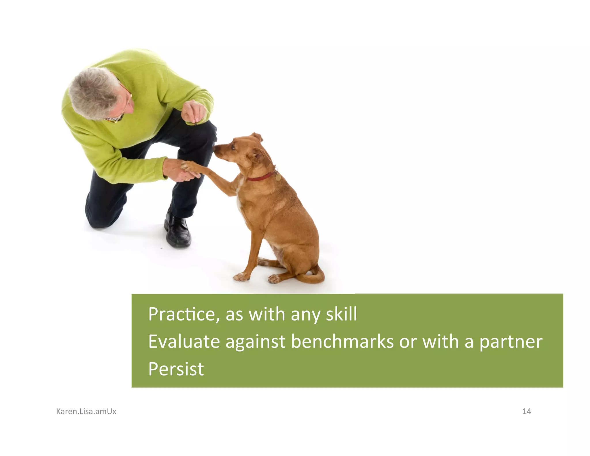 Karen.Lisa.amUx	 14	
Prac?ce,	as	with	any	skill	
Evaluate	against	benchmarks	or	with	a	partner	
Persist	
 