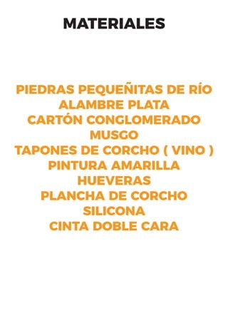 MATERIALES
PIEDRAS PEQUEÑITAS DE RÍO
ALAMBRE PLATA
CARTÓN CONGLOMERADO
MUSGO
TAPONES DE CORCHO ( VINO )
PINTURA AMARILLA
HUEVERAS
PLANCHA DE CORCHO
SILICONA
CINTA DOBLE CARA
 