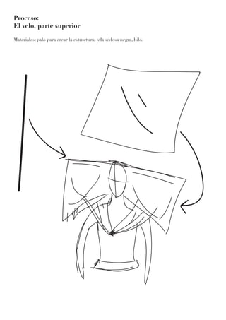 Proceso:
El velo, parte superior
Materiales: palo para crear la estructura, tela sedosa negra, hilo.
 