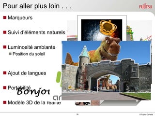 Pour aller plus loin . . .  Marqueurs Suivi d’éléments naturels  Luminosité ambiante Position du soleil Ajout de langues Portabilité  Modèle 3D de la réalité Bonjour,   Guten Tag ,  こんにちは   https://studierstube.icg.tugraz.at/handheld_ar/incremental.php Clair Sombre Ombre 