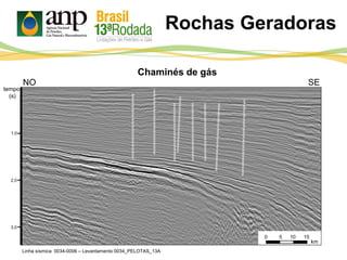 Rochas Geradoras
1,0
2,0
3,0
Linha sísmica 0034-0006 – Levantamento 0034_PELOTAS_13A
tempo
(s)
Chaminés de gás
NO SE
0 5 10 15
km
 