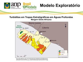 Modelo Exploratório
http://www.offshore-mag.com/content/dam/etc/medialib/new-lib/offshore/print-
articles/2010/oct/21380.res/_jcr_content/renditions/pennwell.web.600.410.jpg
Turbiditos em Trapas Estratigráficas em Águas Profundas
Margem Oeste Africana
 