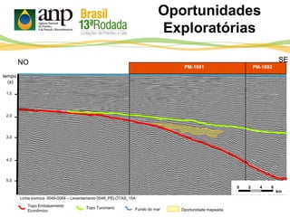 Oportunidades
Exploratórias
tempo
(s)
2 4
km
6
NO SE
0
PM-1691 PM-1692
0 2 4 6
km
1,0
2,0
3,0
4,0
5,0
Topo Turoniano Fundo do mar Oportunidade mapeada
Topo Embasamento
Econômico
Linha sísmica 0048-0064 – Levantamento 0048_PELOTAS_15A
 