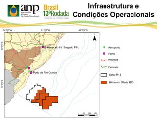 Infraestrutura e
Condições Operacionais
Aeroporto
Porto
Setor R13
Bloco em Oferta R13
Rodovia
Ferrovia
Aeroporto Int. Salgado Filho
Porto de Rio Grande
 
