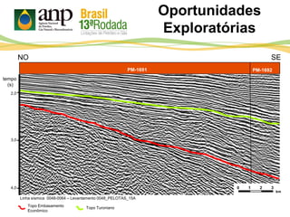 Oportunidades
Exploratórias
NO SE
1 2
km
30
PM-1691 PM-1692
Linha sísmica 0048-0064 – Levantamento 0048_PELOTAS_15A
2,0
3,0
4,0
tempo
(s)
Topo TuronianoTopo Embasamento
Econômico
 