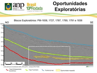 Oportunidades
Exploratórias
tempo
(s)
1,0
2,0
3,0
4,0
5,0
6,0
7,0
8,0
9,0
NO SE
Linha sísmica do levantamento 0257_PEP2_2015 – Cortesia SPECTRUM
0 10 20 30
km
Topo Turoniano Fundo do mar Oportunidade mapeada
Topo Embasamento
Econômico
Blocos Exploratórios: PM-1658, 1727, 1787, 1789, 1791 e 1836
 