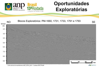 Oportunidades
Exploratórias
2,0
3,0
4,0
5,0
6,0
7,0
8,0
9,0
tempo
(s)
NO SE
Linha sísmica do levantamento 0257_PEP2_2015 – Cortesia SPECTRUM
0 10 20 30
km
Blocos Exploratórios: PM-1660, 1731, 1733, 1791 e 1793
 