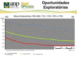 Oportunidades
Exploratórias
2,0
3,0
4,0
5,0
6,0
7,0
8,0
9,0
tempo
(s)
NO
Linha sísmica do levantamento 0257_PEP2_2015 – Cortesia SPECTRUM
0 10 20 30
km
Blocos Exploratórios: PM-1660, 1731, 1733, 1791 e 1793
Topo Turoniano Fundo do mar
Topo Embasamento
Econômico
SE
 