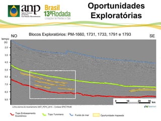 Oportunidades
Exploratórias
2,0
3,0
4,0
5,0
6,0
7,0
8,0
9,0
tempo
(s)
NO
Linha sísmica do levantamento 0257_PEP2_2015 – Cortesia SPECTRUM
0 10 20 30
km
Blocos Exploratórios: PM-1660, 1731, 1733, 1791 e 1793
Topo Turoniano Fundo do mar Oportunidade mapeada
Topo Embasamento
Econômico
SE
 
