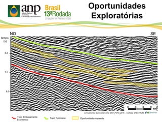 Oportunidades
Exploratórias
6,0
7,0
8,0
tempo
(s)
NO
0 3 6 9
km
Oportunidade mapeadaTopo TuronianoTopo Embasamento
Econômico
SE
Linha sísmica do levantamento 0257_PEP2_2015 – Cortesia SPECTRUM
 