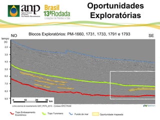 Oportunidades
Exploratórias
2,0
3,0
4,0
5,0
6,0
7,0
8,0
9,0
tempo
(s)
NO
Linha sísmica do levantamento 0257_PEP2_2015 – Cortesia SPECTRUM
Blocos Exploratórios: PM-1660, 1731, 1733, 1791 e 1793
Topo Turoniano Fundo do mar Oportunidade mapeada
Topo Embasamento
Econômico
SE
0 10 20 30
km
 