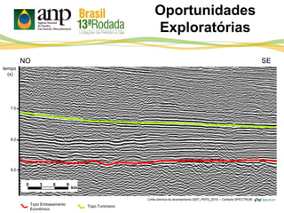 Oportunidades
Exploratórias
7,0
8,0
9,0
tempo
(s)
NO SE
0 3 6 9
km
Topo TuronianoTopo Embasamento
Econômico
Linha sísmica do levantamento 0257_PEP2_2015 – Cortesia SPECTRUM
 