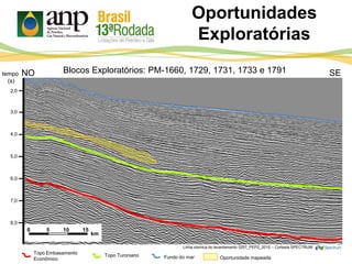 Oportunidades
Exploratórias
3,0
4,0
5,0
tempo
(s)
NO SE
6,0
7,0
8,0
0 5 10 15
km
2,0
Blocos Exploratórios: PM-1660, 1729, 1731, 1733 e 1791
Topo Turoniano Fundo do mar Oportunidade mapeada
Topo Embasamento
Econômico
Linha sísmica do levantamento 0257_PEP2_2015 – Cortesia SPECTRUM
 