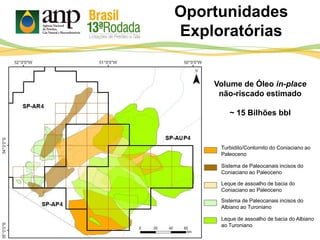 Oportunidades
Exploratórias
Volume de Óleo in-place
não-riscado estimado
~ 15 Bilhões bbl
Turbidito/Contornito do Coniaciano ao
Paleoceno
Sistema de Paleocanais incisos do
Coniaciano ao Paleoceno
Leque de assoalho de bacia do
Coniaciano ao Paleoceno
Leque de assoalho de bacia do Albiano
ao Turoniano
Sistema de Paleocanais incisos do
Albiano ao Turoniano
 