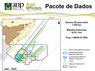 Pacote de Dados
Sísmica 2D pública post-stack
Levantamento Aéreo
Métodos Potenciais
Levantamento Marítimo
Métodos Potenciais
Bloco em Oferta R13
Setor R13
Poço
Sísmica 2D post-stack
7.503 km
Métodos Potenciais
16.571 km2
Poço 1-BRSA-61-RSS
 