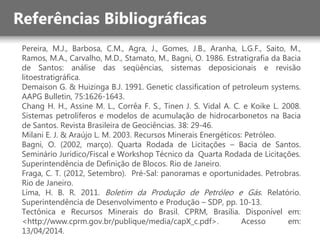 Pereira, M.J., Barbosa, C.M., Agra, J., Gomes, J.B., Aranha, L.G.F., Saito, M.,
Ramos, M.A., Carvalho, M.D., Stamato, M., Bagni, O. 1986. Estratigrafia da Bacia
de Santos: análise das seqüências, sistemas deposicionais e revisão
litoestratigráfica.
Demaison G. & Huizinga B.J. 1991. Genetic classification of petroleum systems.
AAPG Bulletin, 75:1626-1643.
Chang H. H., Assine M. L., Corrêa F. S., Tinen J. S. Vidal A. C. e Koike L. 2008.
Sistemas petrolíferos e modelos de acumulação de hidrocarbonetos na Bacia
de Santos. Revista Brasileira de Geociências. 38: 29-46.
Milani E. J. & Araújo L. M. 2003. Recursos Minerais Energéticos: Petróleo.
Bagni, O. (2002, março). Quarta Rodada de Licitações – Bacia de Santos.
Seminário Jurídico/Fiscal e Workshop Técnico da Quarta Rodada de Licitações.
Superintendência de Definição de Blocos. Rio de Janeiro.
Fraga, C. T. (2012, Setembro). Pré-Sal: panoramas e oportunidades. Petrobras.
Rio de Janeiro.
Lima, H. B. R. 2011. Boletim da Produção de Petróleo e Gás. Relatório.
Superintendência de Desenvolvimento e Produção – SDP, pp. 10-13.
Tectônica e Recursos Minerais do Brasil. CPRM, Brasília. Disponível em:
<http://www.cprm.gov.br/publique/media/capX_c.pdf>. Acesso em:
13/04/2014.
 