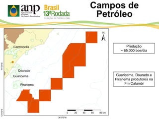 Piranema
Guaricema
Carmópolis Produção
~ 65.000 boe/dia
Dourado
Guaricema, Dourado e
Piranema produtores na
Fm Calumbi
Campos de
Petróleo
 