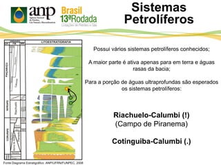 Fonte Diagrama Estratigráfico ANP/UFRN/FUNPEC, 2008
Possui vários sistemas petrolíferos conhecidos;
A maior parte é ativa apenas para em terra e águas
rasas da bacia;
Para a porção de águas ultraprofundas são esperados
os sistemas petrolíferos:
Riachuelo-Calumbi (!)
(Campo de Piranema)
Cotinguiba-Calumbi (.)
Sistemas
Petrolíferos
 