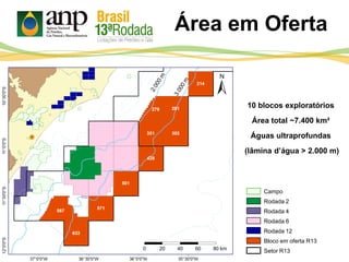 10 blocos exploratórios
Área total ~7.400 km²
Águas ultraprofundas
(lâmina d’água > 2.000 m)
Área em Oferta
Campo
Rodada 2
Rodada 4
Rodada 6
Rodada 12
Bloco em oferta R13
Setor R13
 