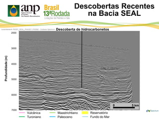 2000
3000
4000
5000
6000
7000
Profundidade(m)
Descoberta de hidrocarbonetos
0 5 km
Vulcânica
Turoniano
Maastrichtiano
Paleoceno
Reservatório
Fundo do Mar
Levantamento R0257_SEAL_PHASE1 (PSDM) - Cortesia Spectrum
Descobertas Recentes
na Bacia SEAL
 