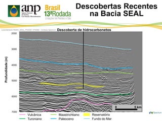 2000
3000
4000
5000
6000
7000
Profundidade(m)
Descoberta de hidrocarbonetos
0 5 km
Vulcânica
Turoniano
Maastrichtiano
Paleoceno
Reservatório
Fundo do Mar
Levantamento R0257_SEAL_PHASE1 (PSDM) - Cortesia Spectrum
Descobertas Recentes
na Bacia SEAL
 