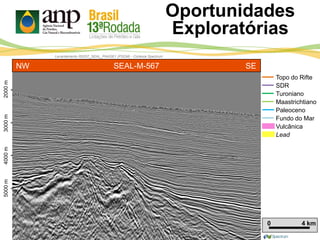 Lead
Topo do Rifte
SDR
Turoniano
Maastrichtiano
Paleoceno
Fundo do Mar
Vulcânica
2000m4000m3000m5000m
-
-
-
-
Levantamento R0257_SEAL_PHASE1 (PSDM) - Cortesia Spectrum
0 4 km
SEAL-M-567NW SE
Oportunidades
Exploratórias
 