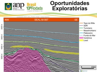 Lead
Topo do Rifte
SDR
Turoniano
Maastrichtiano
Paleoceno
Fundo do Mar
Vulcânica
2000m4000m3000m5000m
-
-
-
-
Levantamento R0257_SEAL_PHASE1 (PSDM) - Cortesia Spectrum
0 4 km
SEAL-M-567NW SE
Oportunidades
Exploratórias
 
