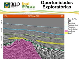 Lead
Topo do Rifte
SDR
Turoniano
Maastrichtiano
Paleoceno
Fundo do Mar
Vulcânica
Levantamento R0257_SEAL_PHASE1 (PSDM) - Cortesia Spectrum
2000m4000m3000m5000m
-
-
-
-
SEAL-M-567NW SE
Oportunidades
Exploratórias
 
